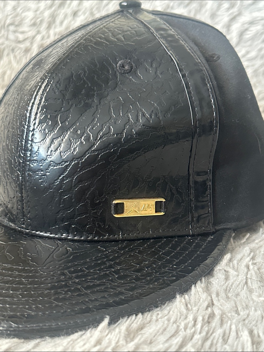 Jordan Black Textured Leather 7 1/4 fitted Hat with Gold Accent - Picture 3 of 10